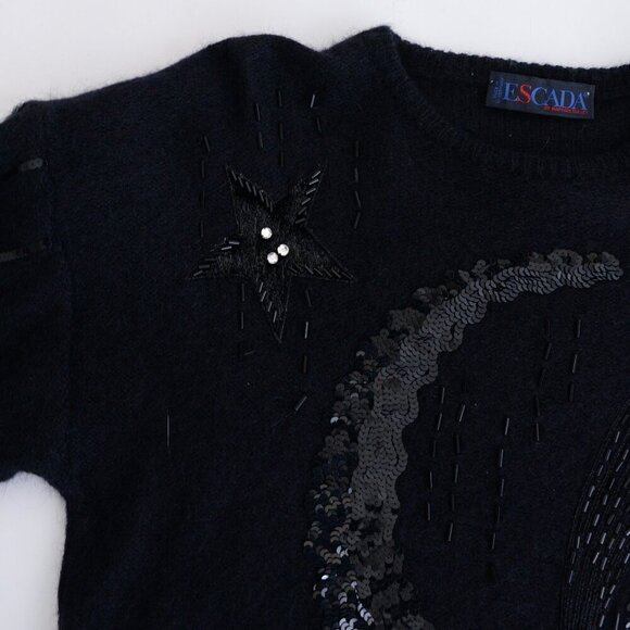 Vintage Escada Black Cream Colour Blocked Sequin Fine Knit Bat Wing Sweater M - Picture 10 of 11